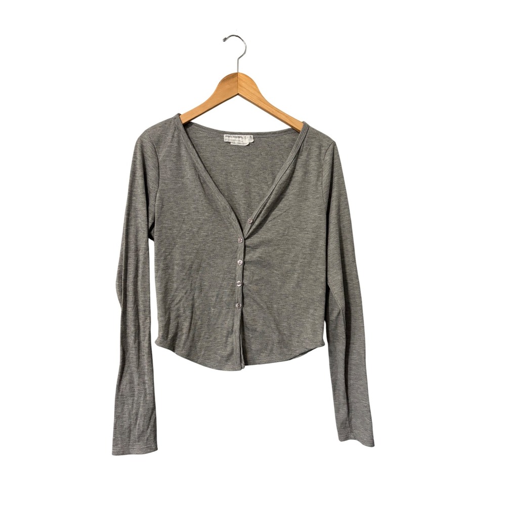 Urban Renewal Gray Ribbed Button Front Long Sleeve Cropped Top Women's